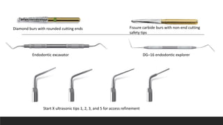 Diamond burs with rounded cutting ends Fissure carbide burs with non-end cutting
safety tips
Endodontic excavator DG–16 endodontic explorer
Start X ultrasonic tips 1, 2, 3, and 5 for access refinement
 
