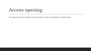 Access opening
The access opening is made in the same manner as for the mandibular central incisor
 