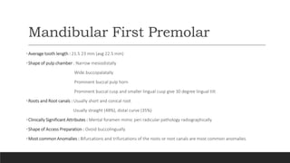 Mandibular First Premolar
•Average tooth length : 21.5 23 mm (avg 22.5 mm)
•Shape of pulp chamber : Narrow mesiodistally
Wide buccopalatally
Prominent buccal pulp horn
Prominent buccal cusp and smaller lingual cusp give 30 degree lingual tilt
•Roots and Root canals : Usually short and conical root
Usually straight (48%), distal curve (35%)
•Clinically Significant Attributes : Mental foramen mimic peri radicular pathology radiographically
•Shape of Access Preparation : Ovoid buccolingually
•Most common Anomalies : Bifurcations and trifurcations of the roots or root canals are most common anomalies.
 