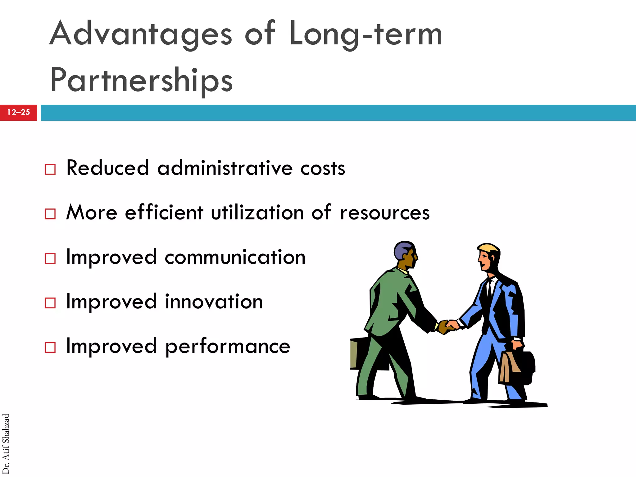 Dr.AtifShahzad
12–25
Advantages of Long-term
Partnerships
 Reduced administrative costs
 More efficient utilization of resources
 Improved communication
 Improved innovation
 Improved performance
 
