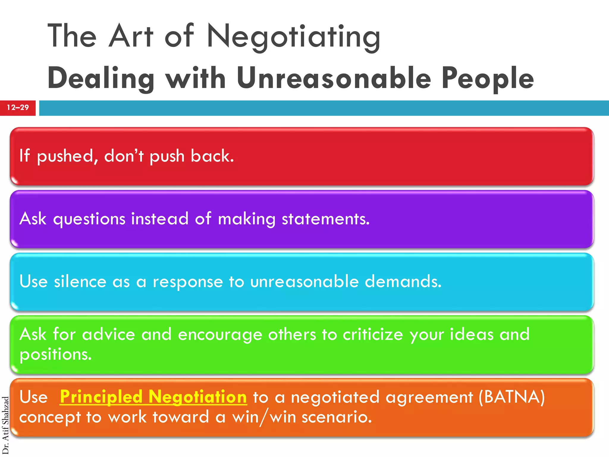 Dr.AtifShahzad
12–29
The Art of Negotiating
Dealing with Unreasonable People
If pushed, don’t push back.
Ask questions instead of making statements.
Use silence as a response to unreasonable demands.
Ask for advice and encourage others to criticize your ideas and
positions.
Use Principled Negotiation to a negotiated agreement (BATNA)
concept to work toward a win/win scenario.
 