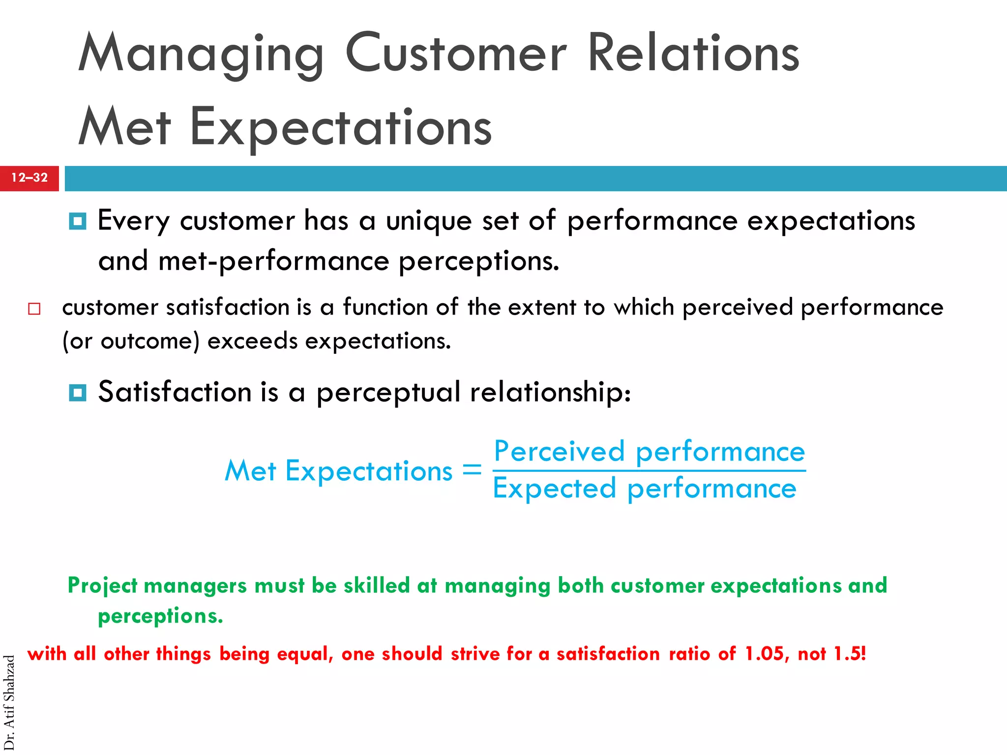 Dr.AtifShahzad
12–32
Managing Customer Relations
Met Expectations
¤ Every customer has a unique set of performance expectations
and met-performance perceptions.
 customer satisfaction is a function of the extent to which perceived performance
(or outcome) exceeds expectations.
¤ Satisfaction is a perceptual relationship:
Met Expectations =
Perceived performance
Expected performance
Project managers must be skilled at managing both customer expectations and
perceptions.
with all other things being equal, one should strive for a satisfaction ratio of 1.05, not 1.5!
 