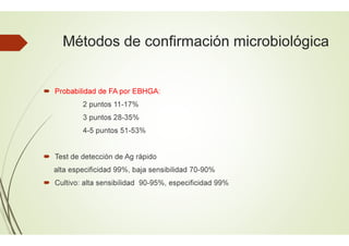 Métodos de confirmación microbiológica
 Probabilidad de FA por EBHGA:
2 puntos 11-17%
3 puntos 28-35%
4-5 puntos 51-53%
 Test de detección de Ag rápido
alta especificidad 99%, baja sensibilidad 70
 Cultivo: alta sensibilidad 90-95%, especificidad 99%
Métodos de confirmación microbiológica
alta especificidad 99%, baja sensibilidad 70-90%
95%, especificidad 99%
 