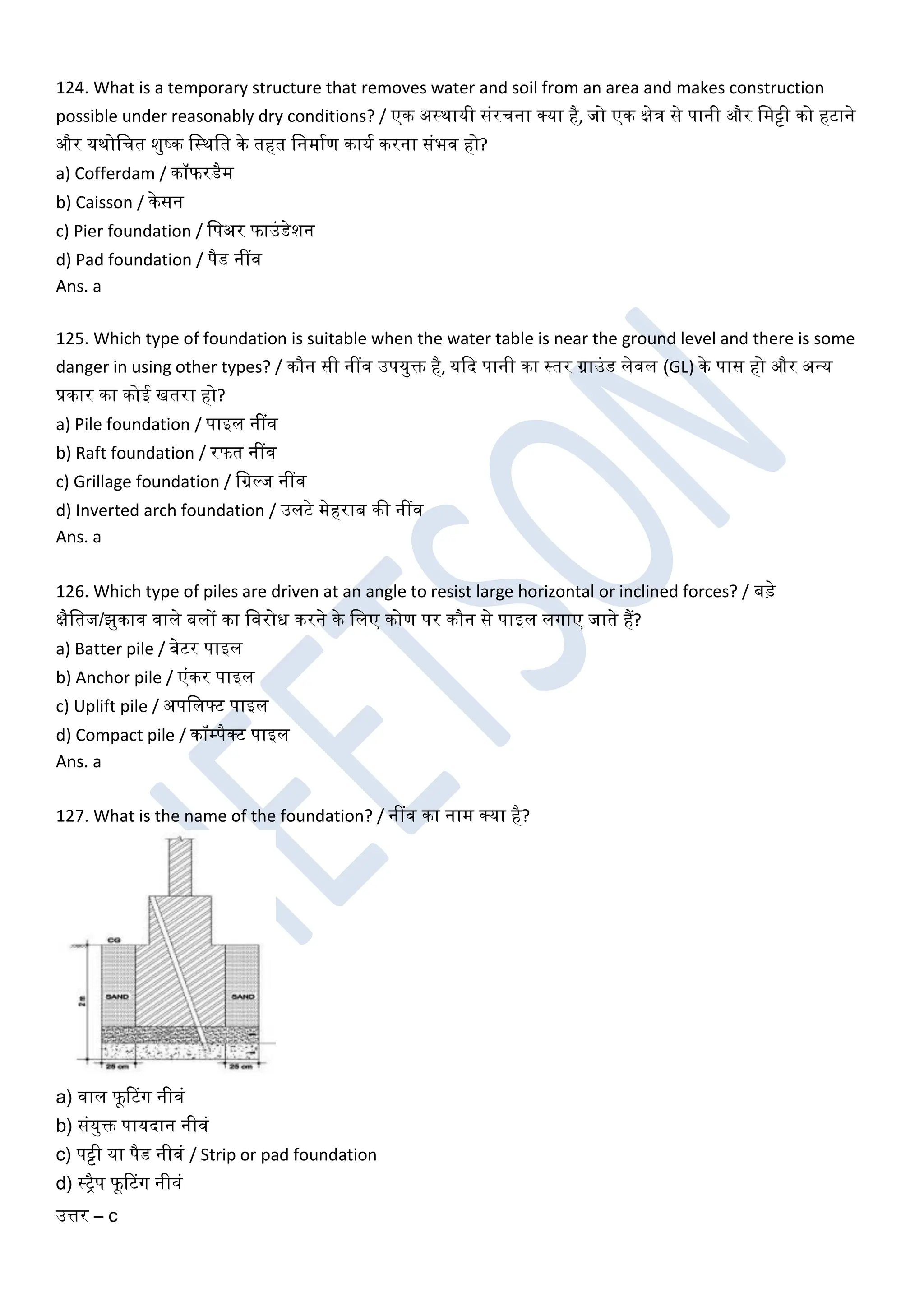 124. What is a temporary structure that removes water and soil from an area and makes construction
possible under reasonably dry conditions? / एक अस्थायी संरचना क्या है, जो एक क्षेत्र से पानी और खमट्टी को हटाने
और यथोखचत शुष्क खस्थखत के तहत खनमाघण कायघ करना संभि हो?
a) Cofferdam / कॉफरडैम
b) Caisson / केसन
c) Pier foundation / खपअर फाउंडेशन
d) Pad foundation / पैड नींि
Ans. a
125. Which type of foundation is suitable when the water table is near the ground level and there is some
danger in using other types? / कौन सी नींि उपयुक्त है, यकद पानी का स्तर ग्राउंड लेिल (GL) के पास हो और अधय
प्रकार का कोई खतरा हो?
a) Pile foundation / पाइल नींि
b) Raft foundation / रफत नींि
c) Grillage foundation / खग्रल्ज नींि
d) Inverted arch foundation / उलटे मेहराब की नींि
Ans. a
126. Which type of piles are driven at an angle to resist large horizontal or inclined forces? / बड़े
क्षैखतज/झुकाि िाले बलों का खिरोध करने के खलए कोण पर कौन से पाइल लगाए जाते हैं?
a) Batter pile / बेटर पाइल
b) Anchor pile / एंकर पाइल
c) Uplift pile / अपखलफ्ट पाइल
d) Compact pile / कॉम्पैक्ट पाइल
Ans. a
127. What is the name of the foundation? / नींि का नाम क्या है?
a) िाल फूरटग नीिं
b) संयुक्त पायदान नीिं
c) पट्टी या पैड नीिं / Strip or pad foundation
d) स्ट्रैप फूरटग नीिं
उत्तर – c
 