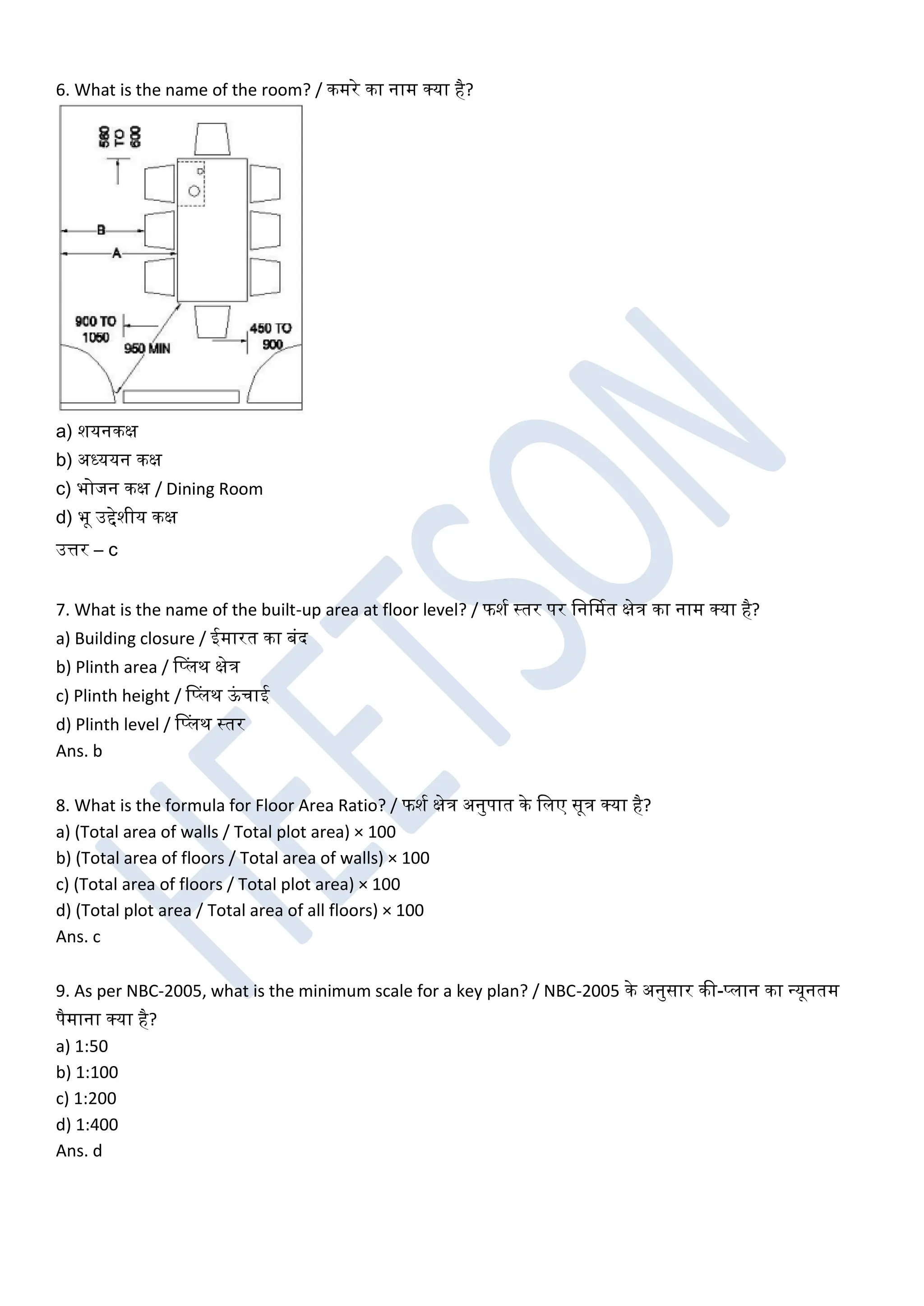 6. What is the name of the room? / कमरे का नाम क्या है?
a) शयनकक्ष
b) अर्धययन कक्ष
c) भोजन कक्ष / Dining Room
d) भू उद्देशीय कक्ष
उत्तर – c
7. What is the name of the built-up area at floor level? / फशघ स्तर पर खनर्नमत क्षेत्र का नाम क्या है?
a) Building closure / ईमारत का बंद
b) Plinth area / डप्लथ क्षेत्र
c) Plinth height / डप्लथ ऊ
ं चाई
d) Plinth level / डप्लथ स्तर
Ans. b
8. What is the formula for Floor Area Ratio? / फशघ क्षेत्र अनुपात के खलए सूत्र क्या है?
a) (Total area of walls / Total plot area) × 100
b) (Total area of floors / Total area of walls) × 100
c) (Total area of floors / Total plot area) × 100
d) (Total plot area / Total area of all floors) × 100
Ans. c
9. As per NBC-2005, what is the minimum scale for a key plan? / NBC-2005 के अनुसार की-प्लान का धयूनतम
पैमाना क्या है?
a) 1:50
b) 1:100
c) 1:200
d) 1:400
Ans. d
 