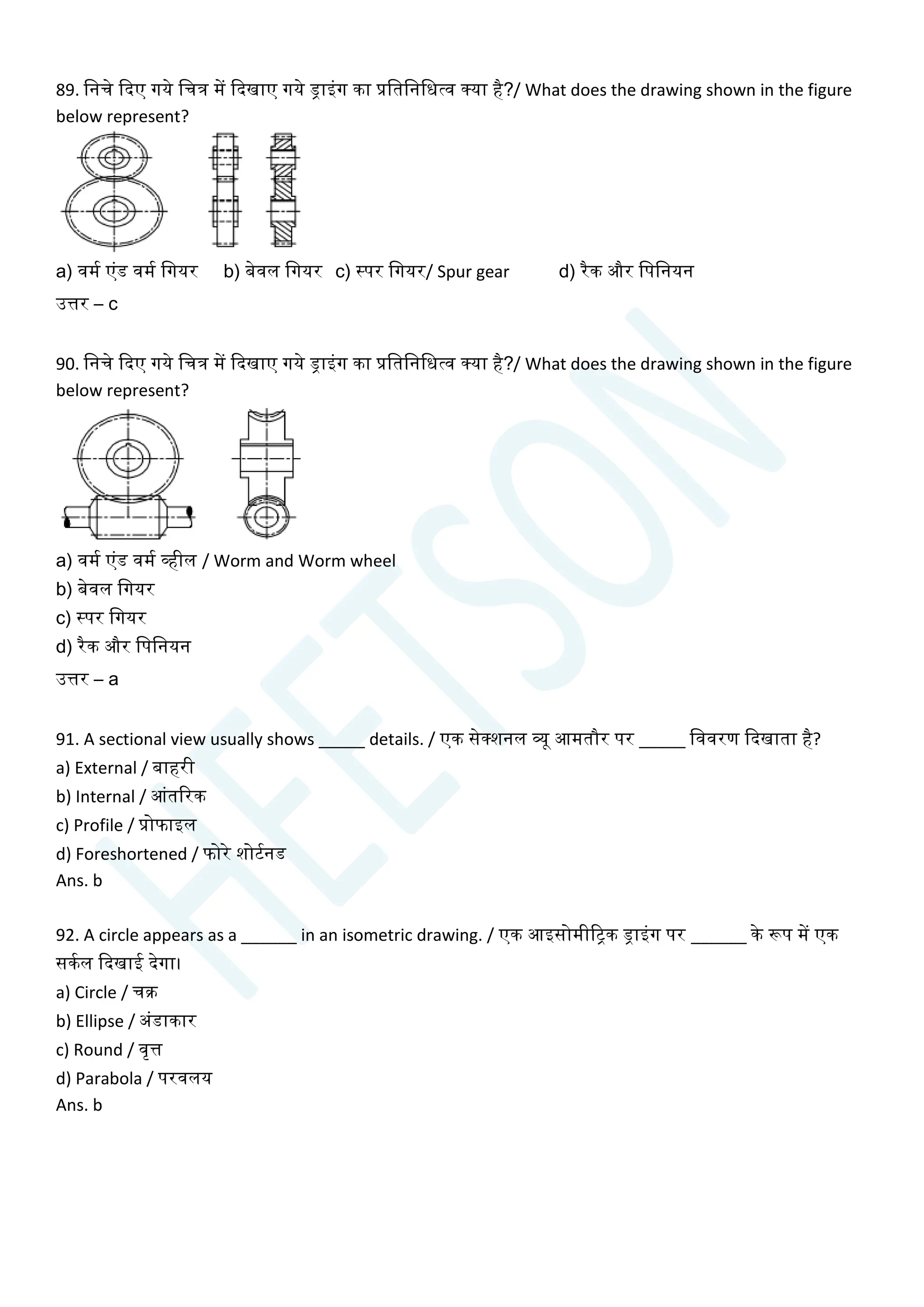 89. चनिे क्वदए गये चित्र में क्वदखाए गये ड्राइांग का प्रचतचनचधत्व क्या है?/ What does the drawing shown in the figure
below represent?
a) वमय एांड वमय चगयर b) बेवल चगयर c) स्पर चगयर/ Spur gear d) रैक और चपचनयन
उत्तर – c
90. चनिे क्वदए गये चित्र में क्वदखाए गये ड्राइांग का प्रचतचनचधत्व क्या है?/ What does the drawing shown in the figure
below represent?
a) वमय एांड वमय व्हील / Worm and Worm wheel
b) बेवल चगयर
c) स्पर चगयर
d) रैक और चपचनयन
उत्तर – a
91. A sectional view usually shows _____ details. / एक सेक्शनल व्यू आमतौर पर _____ चववरण क्वदखाता है?
a) External / बाहरी
b) Internal / आांतररक
c) Profile / प्रोफाइल
d) Foreshortened / फोरे शोटयनड
Ans. b
92. A circle appears as a ______ in an isometric drawing. / एक आइसोमीरिक ड्राइांग पर ______ के रूप में एक
सकयल क्वदखाई देगा।
a) Circle / िक्र
b) Ellipse / अांडाकार
c) Round / वृत्त
d) Parabola / परवलय
Ans. b
 