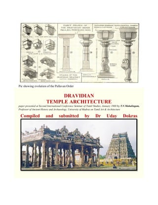 Pic showing evolution of the Pallavan Order
DRAVIDIAN
TEMPLE ARCHITECTURE
paper presented at Second International Conference Seminar of Tamil Studies, January 1968 by T.V.Mahalingam,
Professor of Ancient History and Archaeology, University of Madras on Tamil Art & Architecture
Compiled and submitted by Dr Uday Dokras
 
