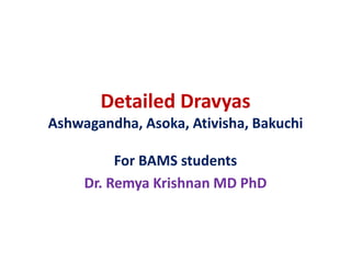 Detailed Dravyas
Ashwagandha, Asoka, Ativisha, Bakuchi
For BAMS students
Dr. Remya Krishnan MD PhD
 