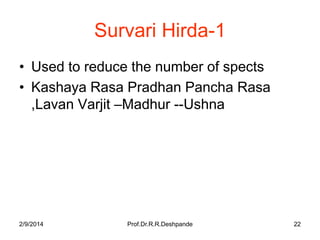 Survari Hirda-1
• Used to reduce the number of spects
• Kashaya Rasa Pradhan Pancha Rasa
,Lavan Varjit –Madhur --Ushna

2/9/2014

Prof.Dr.R.R.Deshpande

22

 