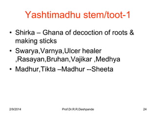 Yashtimadhu stem/toot-1
• Shirka – Ghana of decoction of roots &
making sticks
• Swarya,Varnya,Ulcer healer
,Rasayan,Bruhan,Vajikar ,Medhya
• Madhur,Tikta –Madhur --Sheeta

2/9/2014

Prof.Dr.R.R.Deshpande

24

 