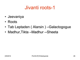 Jivanti roots-1
•
•
•
•

Jeevaniya
Roots
Tab Leptaden ( Alarsin ) –Galactogogue
Madhur,Tikta –Madhur --Sheeta

2/9/2014

Prof.Dr.R.R.Deshpande

26

 