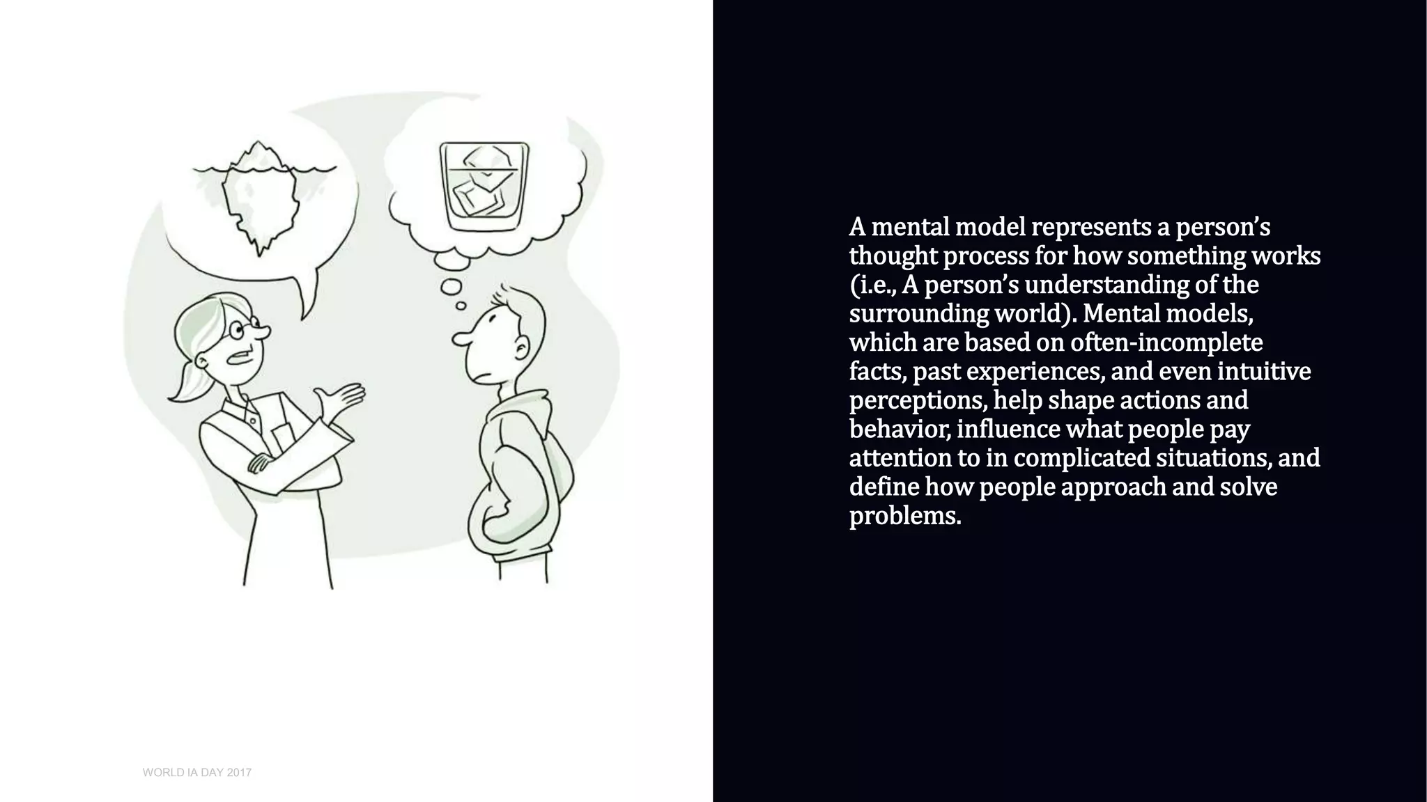 01
WORLD IA DAY 2017
Center for research on Environmental Decisions
http://guide.cred.columbia.edu/guide/sec1.html
A mental model represents a person’s
thought process for how something works
(i.e., A person’s understanding of the
surrounding world). Mental models,
which are based on often-incomplete
facts, past experiences, and even intuitive
perceptions, help shape actions and
behavior, influence what people pay
attention to in complicated situations, and
define how people approach and solve
problems.
 