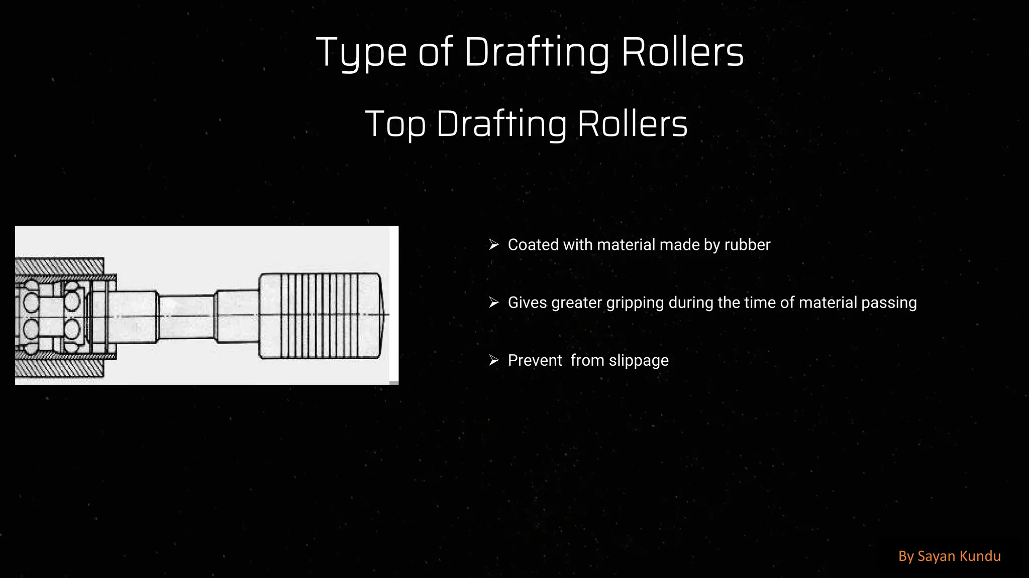 preencoded.png
Type of Drafting Rollers
Top Drafting Rollers
➢ Coated with material made by rubber
➢ Gives greater gripping during the time of material passing
➢ Prevent from slippage
By Sayan Kundu
 