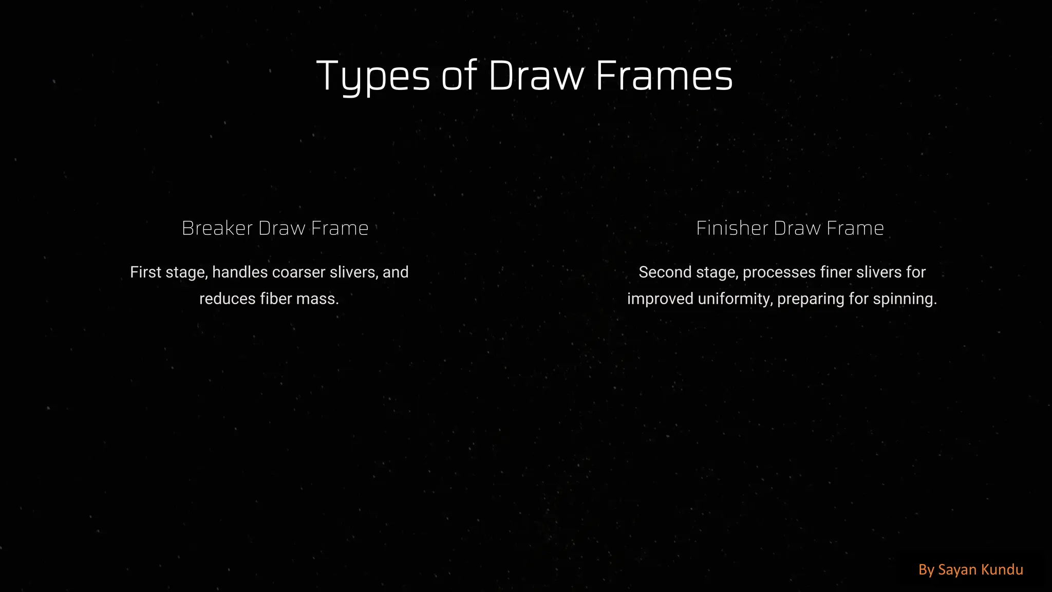 preencoded.png
Types of Draw Frames
Breaker Draw Frame
First stage, handles coarser slivers, and
reduces fiber mass.
Finisher Draw Frame
Second stage, processes finer slivers for
improved uniformity, preparing for spinning.
By Sayan Kundu
 