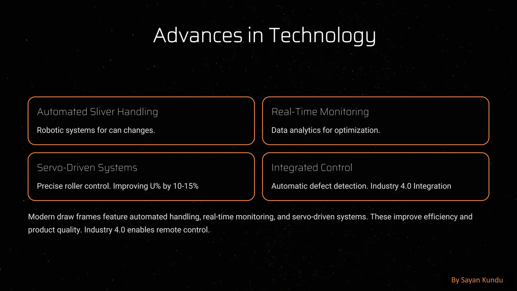 preencoded.png
Advances in Technology
Automated Sliver Handling
Robotic systems for can changes.
Real-Time Monitoring
Data analytics for optimization.
Servo-Driven Systems
Precise roller control. Improving U% by 10-15%
Integrated Control
Automatic defect detection. Industry 4.0 Integration
Modern draw frames feature automated handling, real-time monitoring, and servo-driven systems. These improve efficiency and
product quality. Industry 4.0 enables remote control.
By Sayan Kundu
 