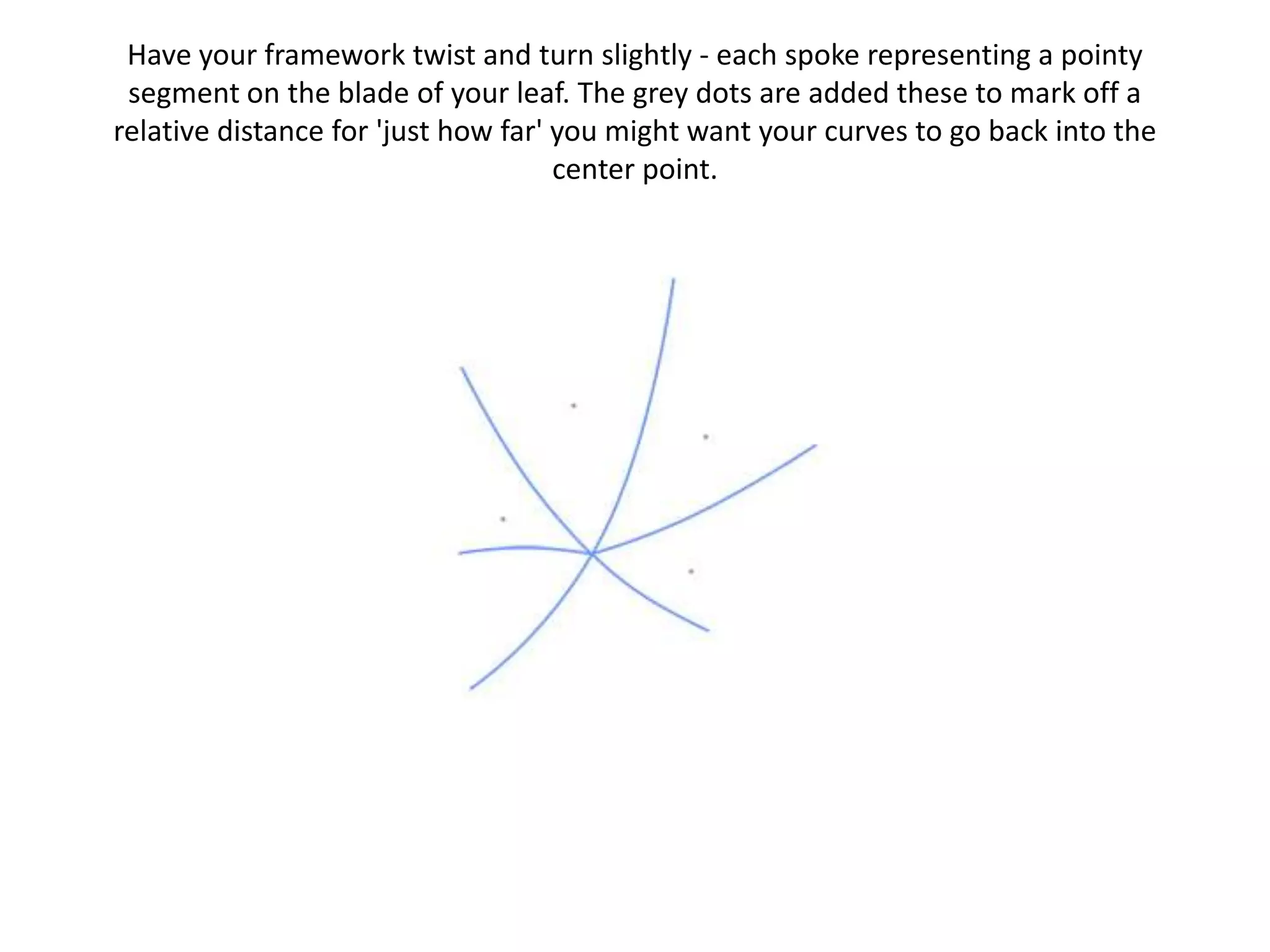 Have your framework twist and turn slightly - each spoke representing a pointy
segment on the blade of your leaf. The grey dots are added these to mark off a
relative distance for 'just how far' you might want your curves to go back into the
center point.