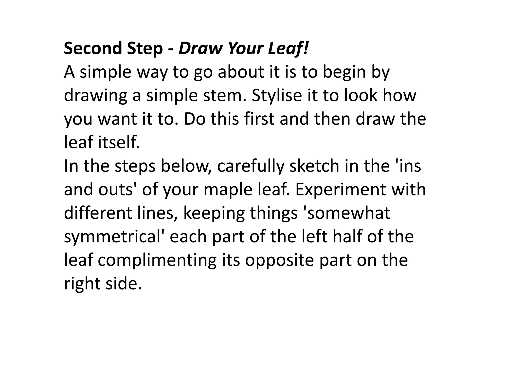 Second Step - Draw Your Leaf!
A simple way to go about it is to begin by
drawing a simple stem. Stylise it to look how
you want it to. Do this first and then draw the
leaf itself.
In the steps below, carefully sketch in the 'ins
and outs' of your maple leaf. Experiment with
different lines, keeping things 'somewhat
symmetrical' each part of the left half of the
leaf complimenting its opposite part on the
right side.