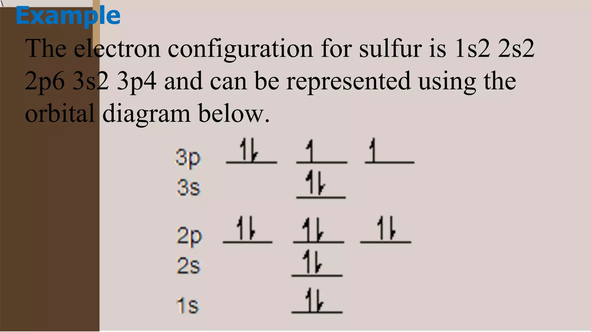 Example
The electron configuration for sulfur is 1s2 2s2
2p6 3s2 3p4 and can be represented using the
orbital diagram below.
 