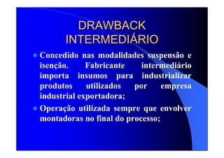 DRAWBACKDRAWBACK
INTERMEDIINTERMEDIÁÁRIORIO
Concedido nas modalidades suspensão e
isenção. Fabricante intermediário
importa insumos para industrializar
produtos utilizados por empresa
industrial exportadora;
Operação utilizada sempre que envolver
montadoras no final do processo;
 