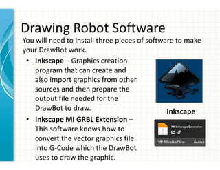 Drawing Robot Software
• Inkscape – Graphics creation
program that can create and
also import graphics from other
sources and then prepare the
output file needed for the
DrawBot to draw.
• Inkscape MI GRBL Extension –
This software knows how to
convert the vector graphics file
into G-Code which the DrawBot
uses to draw the graphic.
You will need to install three pieces of software to make
your DrawBot work.
Inkscape
 