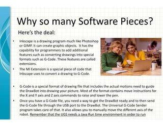 Why so many Software Pieces?
• Inkscape is a drawing program much like Photoshop
or GIMP. It can create graphic objects. It has the
capability for programmers to add additional
features such as converting drawings into special
formats such as G-Code. These features are called
extensions.
• The MI Extension is a special piece of code that
Inkscape uses to convert a drawing to G-Code.
Here’s the deal:
• G-Code is a special format of drawing file that includes the actual motions need to guide
the DrawBot into drawing your picture. Most of the format contains move instructions for
the X and Y axis and Z axis commands to raise and lower the pen.
• Once you have a G-Code file, you need a way to get the DrawBot ready and to then send
the G-Code file through the USB port to the DrawBot. The Universal G-Code Sender
program takes care of that. It also allows you to manually move the different axis of the
robot. Remember that the UGS needs a Java Run time environment in order to run
 