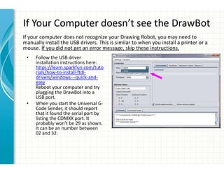 If Your Computer doesn’t see the DrawBot
• Follow the USB driver
installation instructions here:
https://learn.sparkfun.com/tuto
rials/how-to-install-ftdi-
drivers/windows---quick-and-
easy
Reboot your computer and try
plugging the DrawBot into a
USB port.
• When you start the Universal G-
Code Sender, it should report
that it found the serial port by
listing the COMXX port. It
probably won’t be 29 as shown.
It can be an number between
02 and 32.
If your computer does not recognize your Drawing Robot, you may need to
manually install the USB drivers. This is similar to when you install a printer or a
mouse. If you did not get an error message, skip these instructions.
 
