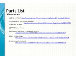 Parts List
Components
(1) 2000mm GT2 belt https://www.amazon.com/Mercurry-Meters-timing-Rostock-GT2-6mm/dp/B071K8HYB4
(1) Arduino Uno (kit with CNC and 4988)
https://www.amazon.com/kuman-Shield-Expansion-Stepper-Driver/dp/B06XHKSVTG
(1) Arduino CNC Shield
(2) A4988 Stepper Drivers
(6) Jumpers (The kit above is missing these jumpers)
https://www.amazon.com/ZYAMY-2-54mm-Standard-Circuit-Connection/dp/B077957RN7
(1) 12V 2A Power Supply
https://www.amazon.com/Adapter-100-240V-Transformers-Switching-Adaptor/dp/B019Q3U72M
(2-4) Limit switches (optional)
https://www.amazon.com/URBESTAC-Momentary-Hinge-Roller-Switches/dp/B00MFRMFS6
 