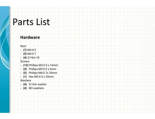 Parts List
Hardware
Nuts
• (7) M3-0.5
• (5) M4-0.7
• (4) 5/16in-18
Screws
• (13) Phillips M3-0.5 x 16mm
• (4) Phillips M3-0.5 x 6mm
• (5) Phillips M4-0.7x 35mm
• (1) Hex M3-0.5 x 20mm
Washers
• (4) 5/16in washer
• (4) M3 washers
 