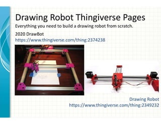 Drawing Robot Thingiverse Pages
Everything you need to build a drawing robot from scratch.
2020 DrawBot
https://www.thingiverse.com/thing:2374238
Drawing Robot
https://www.thingiverse.com/thing:2349232
 