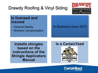 2
Drawdy Roofing & Vinyl SidingDrawdy Roofing & Vinyl Siding
In Business since 1972In Business since 1972
 