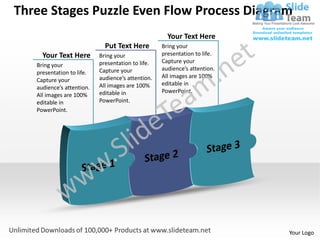 Three Stages Puzzle Even Flow Process Diagram
                                                     Your Text Here
                             Put Text Here         Bring your
     Your Text Here        Bring your              presentation to life.
                           presentation to life.   Capture your
   Bring your
                           Capture your            audience’s attention.
   presentation to life.
                           audience’s attention.   All images are 100%
   Capture your
                           All images are 100%     editable in
   audience’s attention.
                           editable in             PowerPoint.
   All images are 100%
   editable in             PowerPoint.
   PowerPoint.




                                                                           Your Logo
 