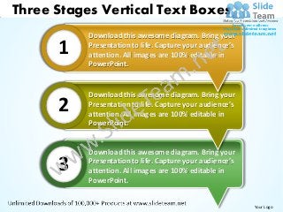 Three Stages Vertical Text Boxes
           Download this awesome diagram. Bring your

      1    Presentation to life. Capture your audience’s
           attention. All images are 100% editable in
           PowerPoint.


           Download this awesome diagram. Bring your
      2    Presentation to life. Capture your audience’s
           attention. All images are 100% editable in
           PowerPoint.


           Download this awesome diagram. Bring your

      3    Presentation to life. Capture your audience’s
           attention. All images are 100% editable in
           PowerPoint.


                                                           Your Logo
 