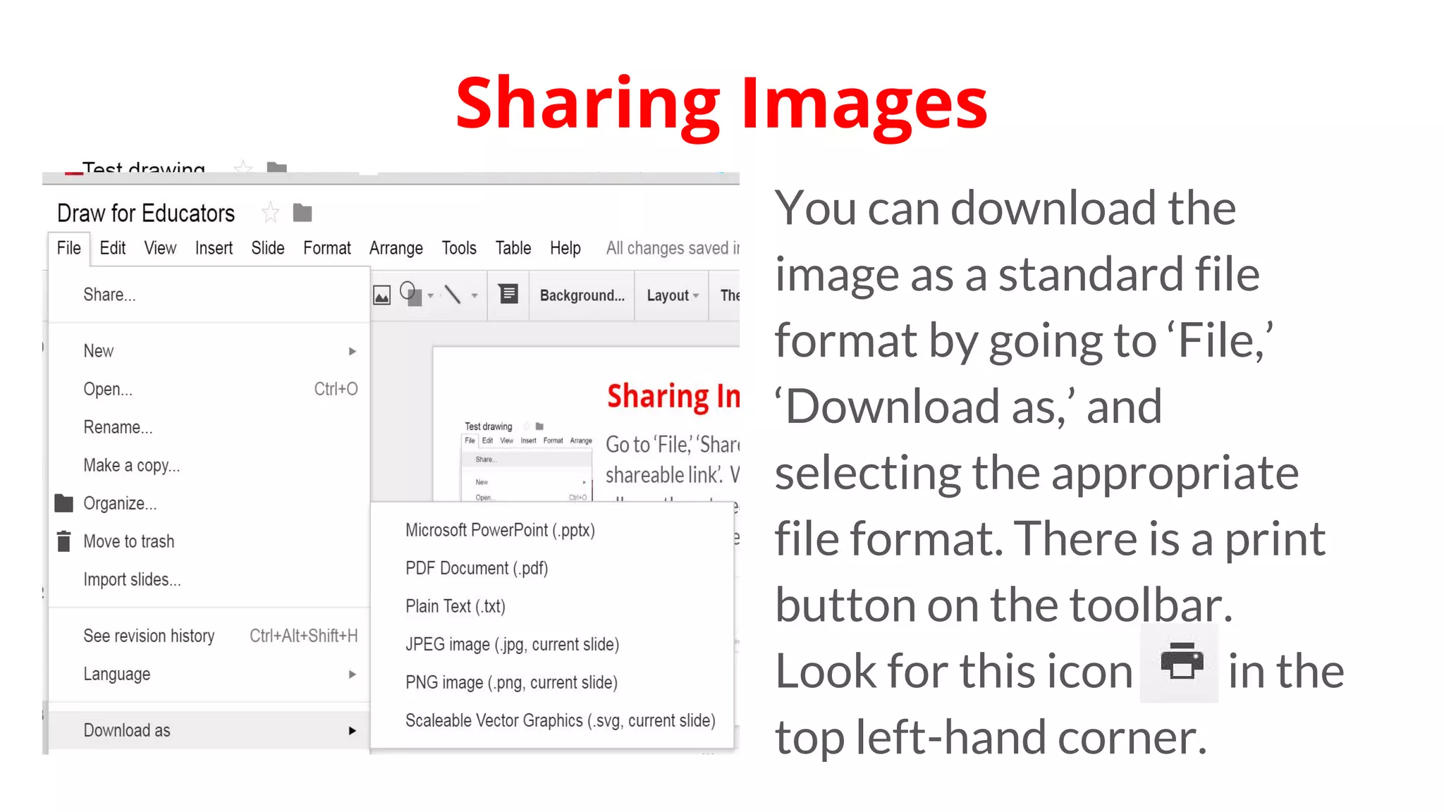 You can download the
image as a standard file
format by going to ‘File,’
‘Download as,’ and
selecting the appropriate
file format. There is a print
button on the toolbar.
Look for this icon in the
top left-hand corner.
Sharing Images
 