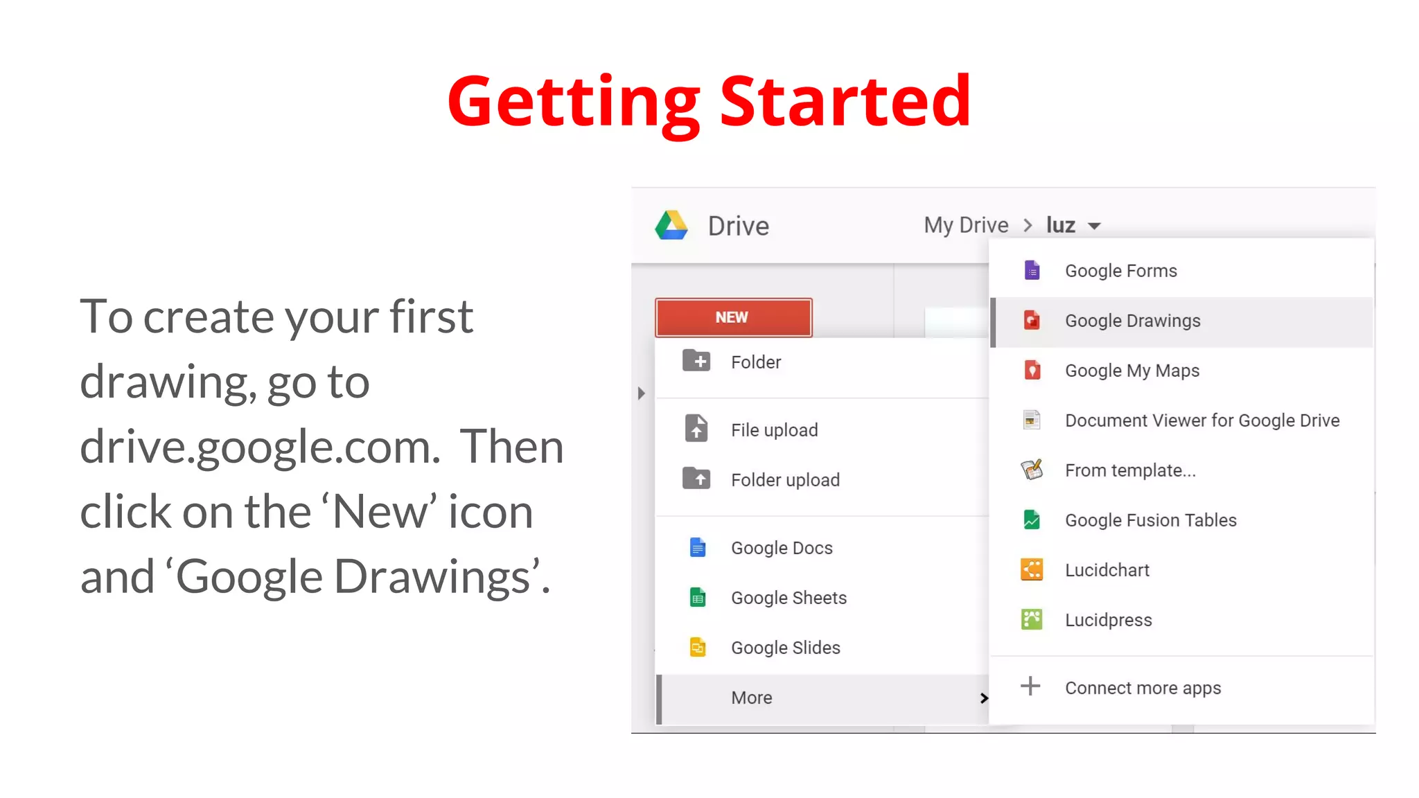 To create your first
drawing, go to
drive.google.com. Then
click on the ‘New’ icon
and ‘Google Drawings’.
Getting Started
 