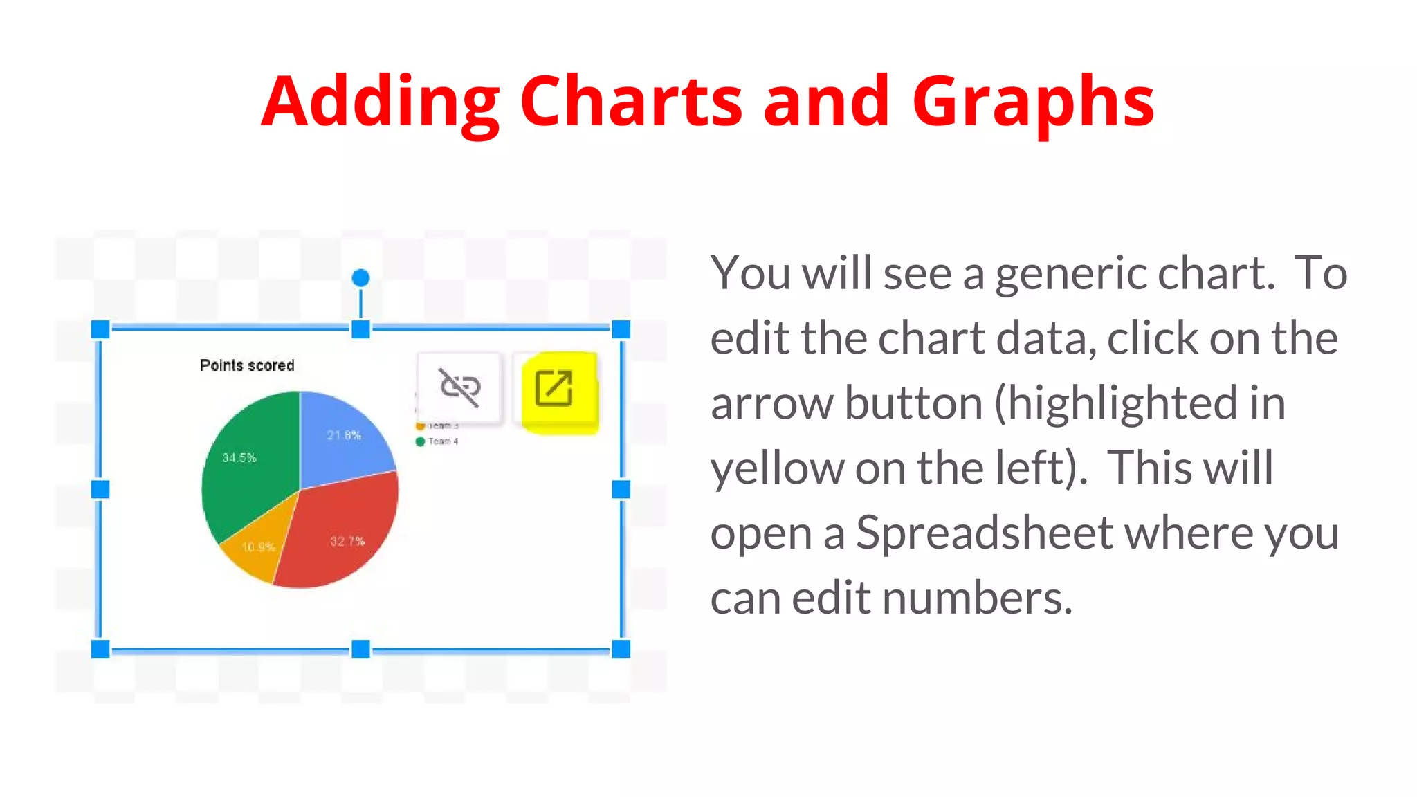 You will see a generic chart. To
edit the chart data, click on the
arrow button (highlighted in
yellow on the left). This will
open a Spreadsheet where you
can edit numbers.
Adding Charts and Graphs
 