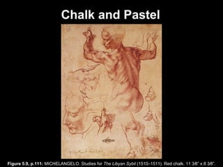 Figure 5.9, p.111:  MICHELANGELO. Studies for  The Libyan Sybil  (1510–1511). Red chalk. 11   3⁄8 ”   x  8   3⁄8 ” . Chalk and Pastel 