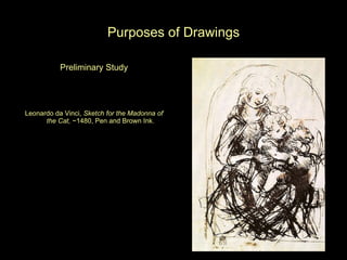 Purposes of Drawings Preliminary Study Leonardo da Vinci,  Sketch for the Madonna of the Cat,  ~1480, Pen and Brown Ink. 