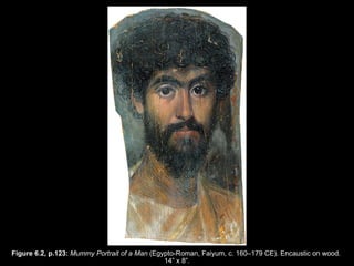 Figure 6.2, p.123:  Mummy Portrait of a Man  (Egypto-Roman, Faiyum, c. 160–179 CE). Encaustic on wood.  14 ” x  8 ” . 