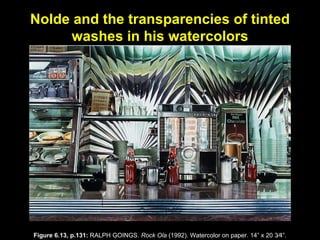Figure 6.13, p.131:  RALPH GOINGS.  Rock Ola  (1992). Watercolor on paper. 14 ” x  20   3⁄4 ” . Nolde and the transparencies of tinted washes in his watercolors 