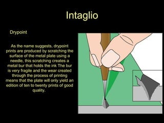 Intaglio Drypoint As the name suggests, drypoint prints are produced by scratching the surface of the metal plate using a needle, this scratching creates a metal bur that holds the ink The bur is very fragile and the wear created through the process of printing means that the plate will only yield an edition of ten to twenty prints of good quality.  