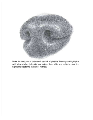 Make the deep part of the nostrils as dark as possible. Break up the highlights
Make the deep part of the nostrils as dark as possible. Break up the highlights
with a few strokes, but make sure to keep them white and visible because the
with a few strokes, but make sure to keep them white and visible because the
highlights create the illusion of wetness.
highlights create the illusion of wetness.
 