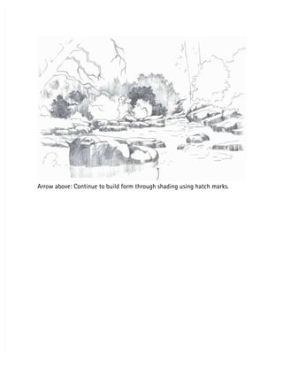 Arrow above: Continue to build form through shading using hatch marks.
Arrow above: Continue to build form through shading using hatch marks.
 