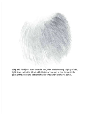 Long and Fluffy
Long and Fluffy Put down the base tone, then add some long, slightly curved,
 Put down the base tone, then add some long, slightly curved,
light strokes with the side of a 2B. On top of that, put in thin lines with the
light strokes with the side of a 2B. On top of that, put in thin lines with the
point of the pencil and add some heavier lines where the hair is darker.
point of the pencil and add some heavier lines where the hair is darker.
 