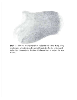 Short and Wiry
Short and Wiry Put down some carbon dust and blend with a stump, using
 Put down some carbon dust and blend with a stump, using
short strokes when blending. Draw short lines to develop the patterns and
short strokes when blending. Draw short lines to develop the patterns and
make slight changes to the direction of individual hairs to produce the wiry
make slight changes to the direction of individual hairs to produce the wiry
texture.
texture.
 