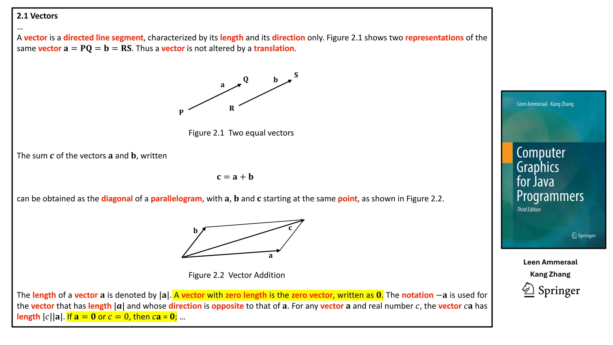 2.1 Vectors
…
A vector is a directed line segment, characterized by its length and its direction only. Figure 2.1 shows two representations of the
same vector 𝐚 = 𝐏𝐐 = 𝐛 = 𝐑𝐒. Thus a vector is not altered by a translation.
The sum 𝒄 of the vectors 𝐚 and 𝐛, written
𝐜 = 𝐚 + 𝐛
can be obtained as the diagonal of a parallelogram, with 𝐚, 𝐛 and 𝐜 starting at the same point, as shown in Figure 2.2.
The length of a vector 𝐚 is denoted by |𝐚|. A vector with zero length is the zero vector, written as 𝟎. The notation −𝐚 is used for
the vector that has length |𝒂| and whose direction is opposite to that of 𝐚. For any vector 𝐚 and real number 𝑐, the vector 𝑐𝐚 has
length |𝑐||𝐚|. If 𝐚 = 𝟎 or 𝑐 = 0, then 𝑐𝐚 = 𝟎; …
Figure 2.1 Two equal vectors
Figure 2.2 Vector Addition
𝐏
𝐐
𝐑
𝐒
𝐚
𝐛
𝐚
𝐛 𝐜
Leen Ammeraal
Kang Zhang
 