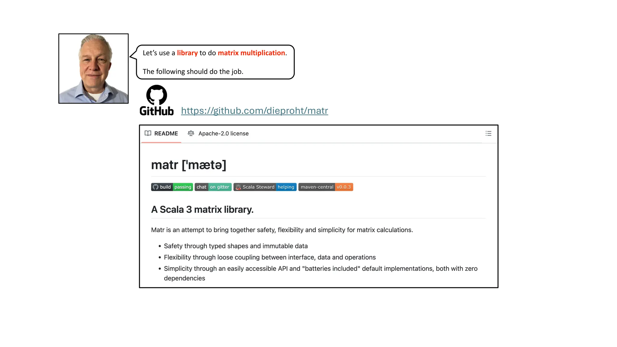 https://github.com/dieproht/matr
Let’s use a library to do matrix multiplication.
The following should do the job.
 
