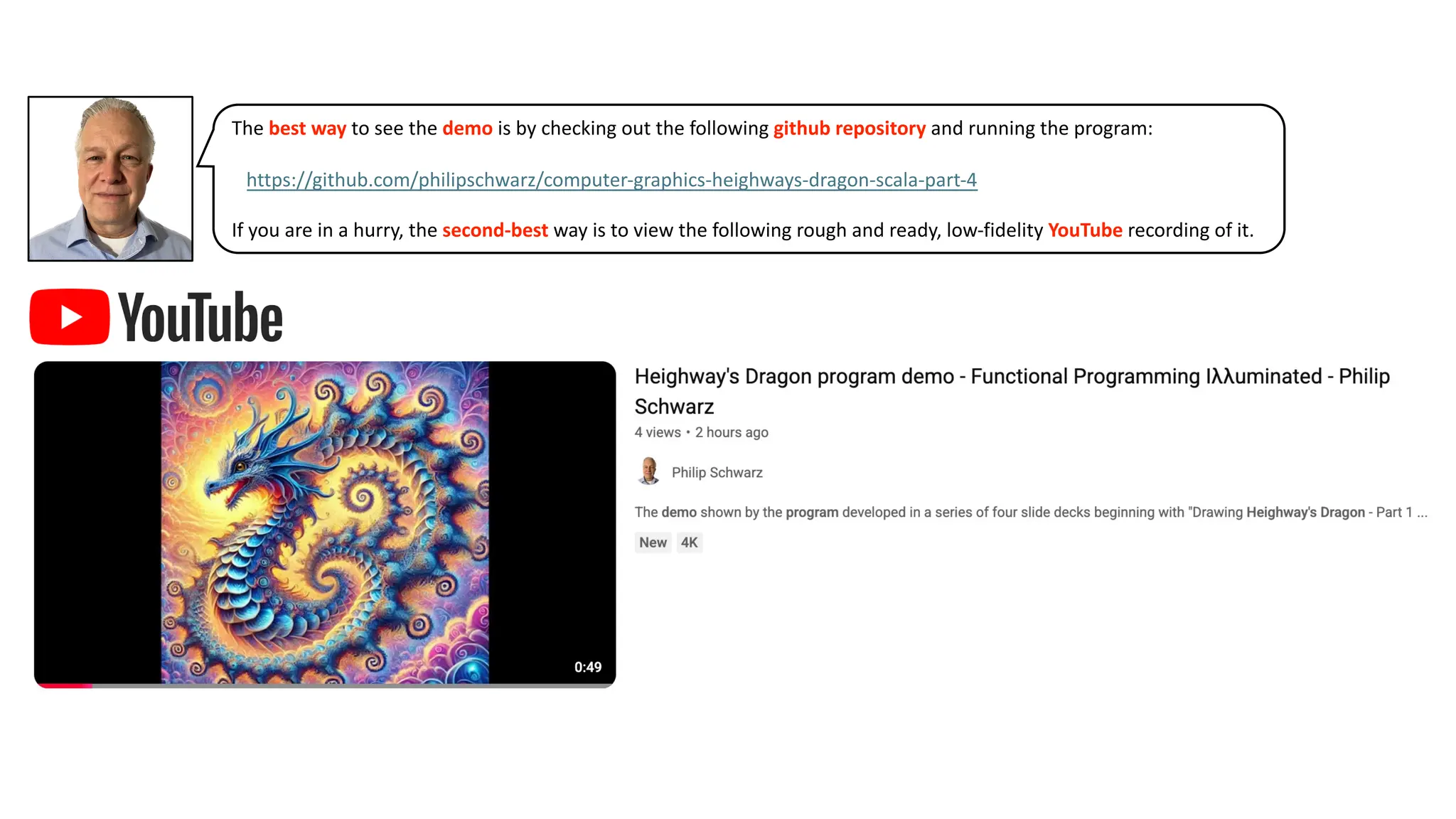 The best way to see the demo is by checking out the following github repository and running the program:
…https://github.com/philipschwarz/computer-graphics-heighways-dragon-scala-part-4
If you are in a hurry, the second-best way is to view the following rough and ready, low-fidelity YouTube recording of it.
 