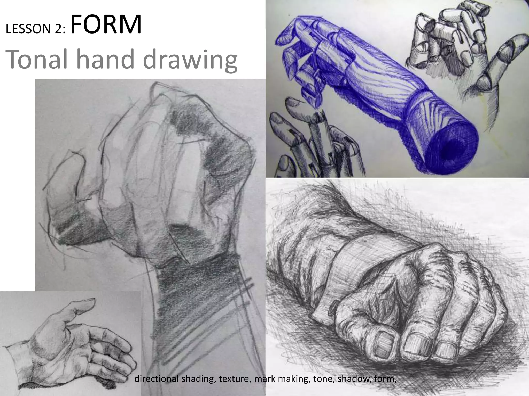 LESSON 2: FORM
Tonal hand drawing
directional shading, texture, mark making, tone, shadow, form,
 