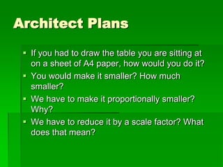 Architect Plans
 If you had to draw the table you are sitting at
on a sheet of A4 paper, how would you do it?
 You would make it smaller? How much
smaller?
 We have to make it proportionally smaller?
Why?
 We have to reduce it by a scale factor? What
does that mean?
 