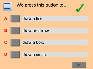 We press this button to… A B C D draw a line. draw an arrow. draw a box. draw a circle. 